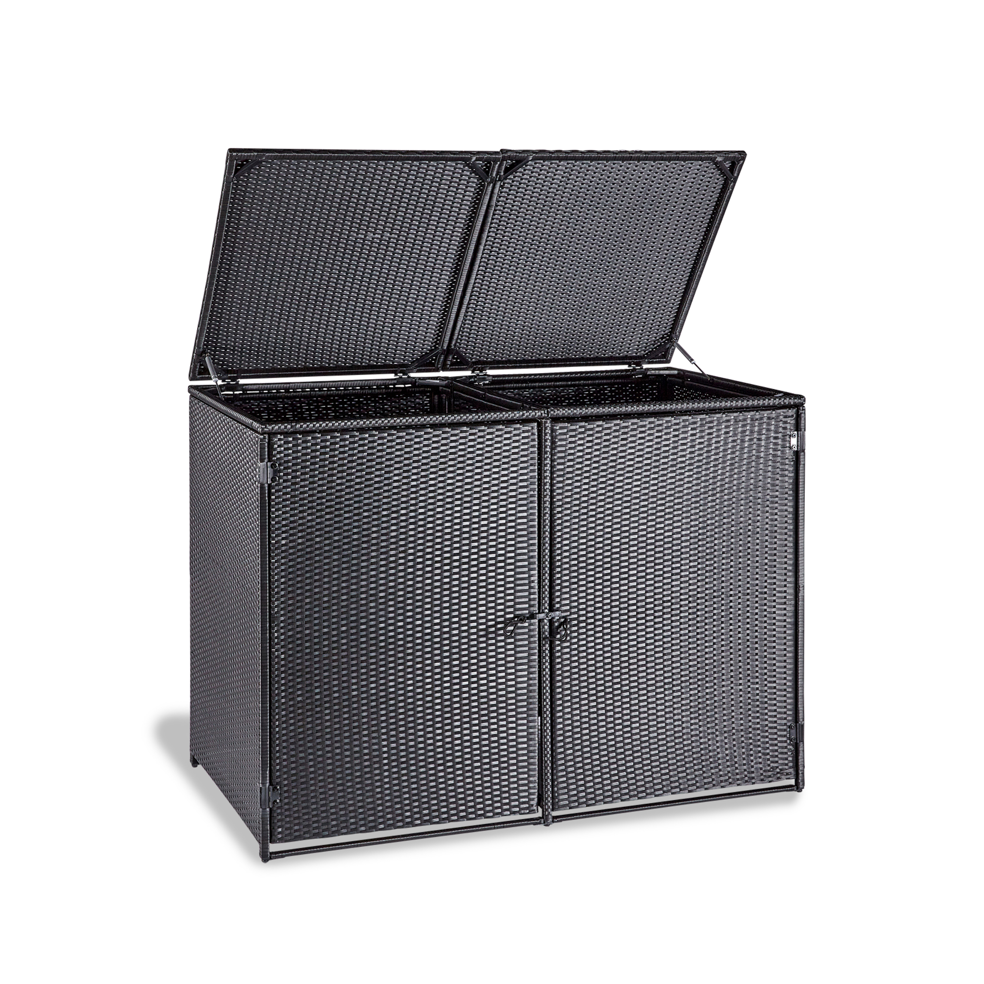 wuuhoo® I Polyrattan Mülltonnenbox Tonni für 2 Tonnen I Mülltonnengarage schwarz I Gerätebox aufklappbar I Mülltonnenverkleidung mit Klappdeckel I Wetterfest für Innen und Außen