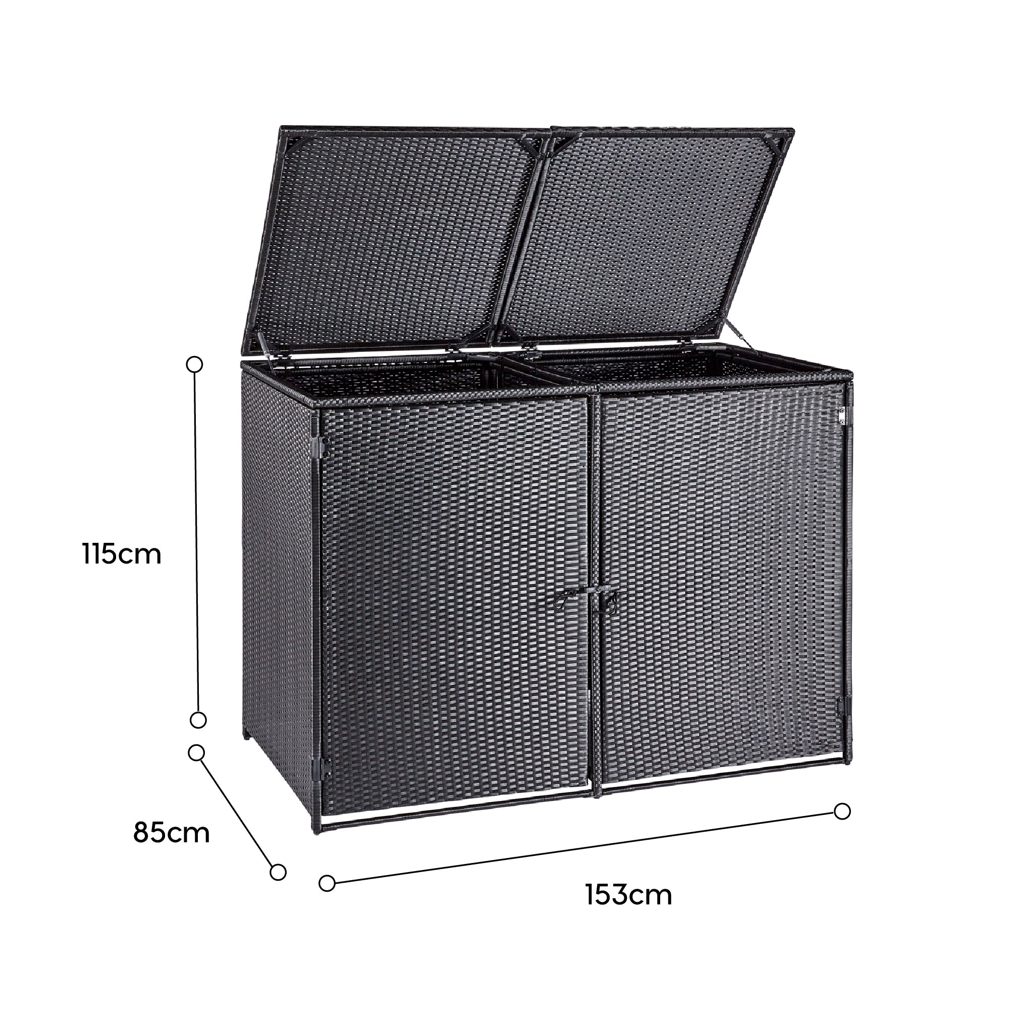 wuuhoo® I Polyrattan Mülltonnenbox Tonni für 2 Tonnen I Mülltonnengarage schwarz I Gerätebox aufklappbar I Mülltonnenverkleidung mit Klappdeckel I Wetterfest für Innen und Außen