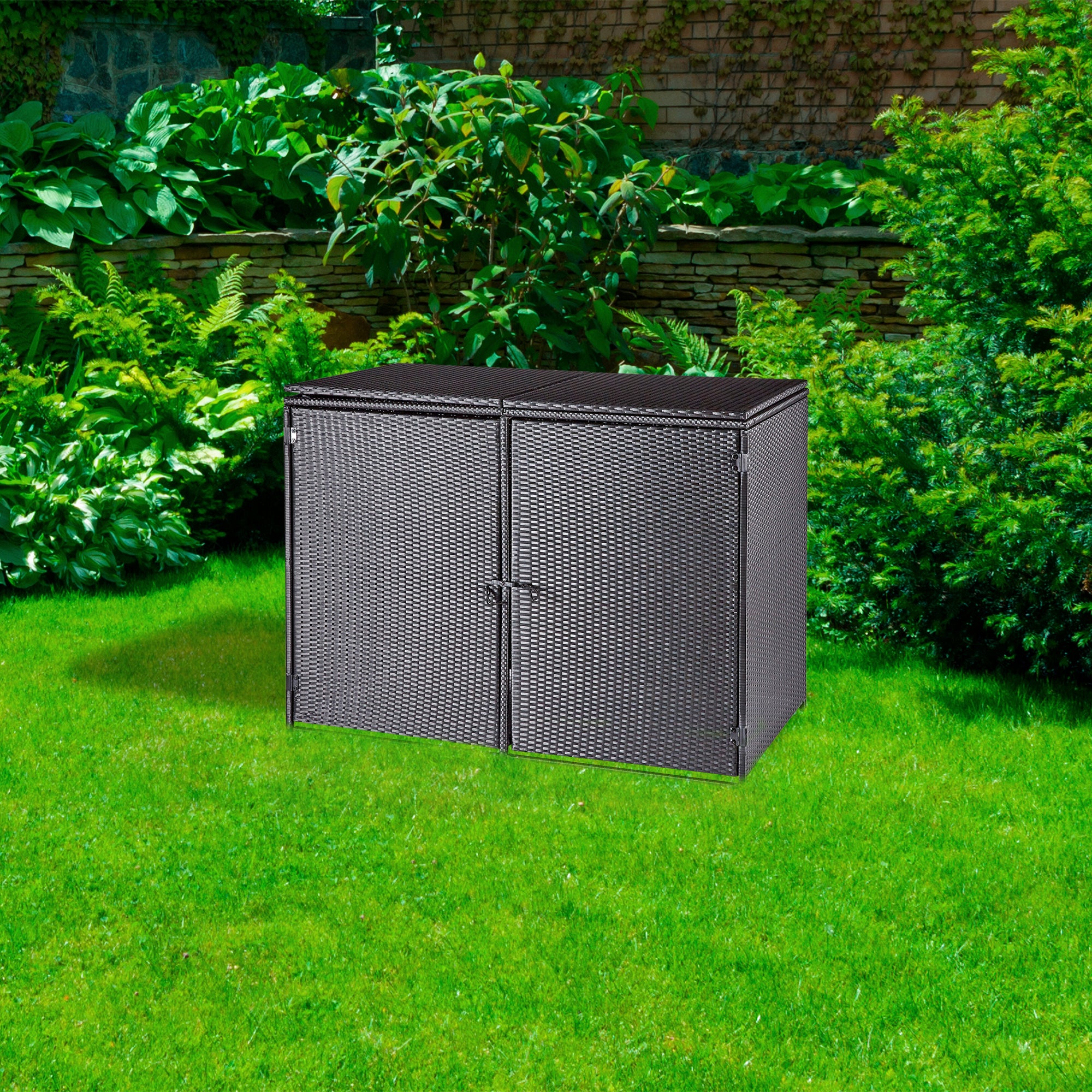 wuuhoo® I Polyrattan Mülltonnenbox Tonni für 2 Tonnen I Mülltonnengarage schwarz I Gerätebox aufklappbar I Mülltonnenverkleidung mit Klappdeckel I Wetterfest für Innen und Außen