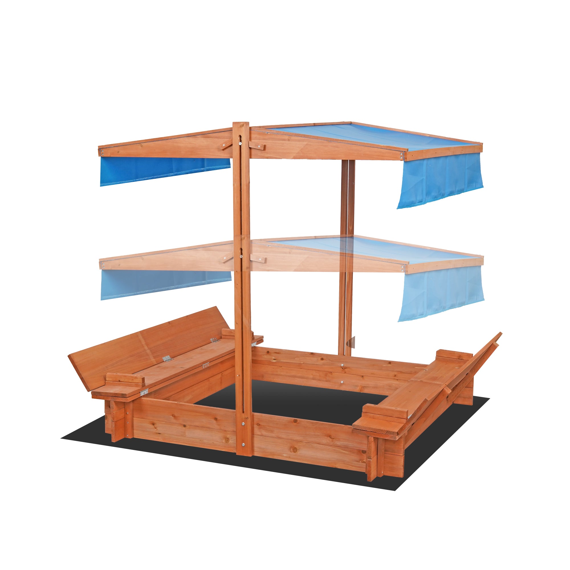 wuuhoo® Sandkasten Sandy aus imprägniertem Nadellholz (Fichte/Kiefer) 150x134cm (Gesamtmaß), Kindersandkasten höhenverstellbares Dach, Abdeckung, Naturholz, Sandkiste, 2 Sitzbänke, Innenmaß: 110x110cm