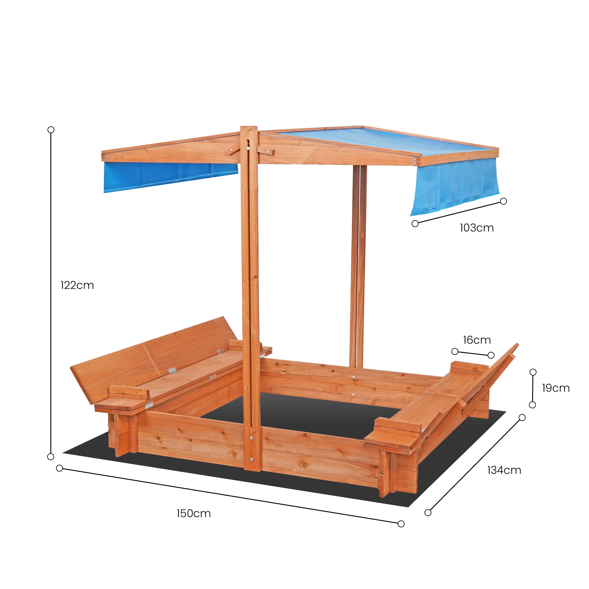 wuuhoo® Sandkasten Sandy aus imprägniertem Nadellholz (Fichte/Kiefer) 150x134cm (Gesamtmaß), Kindersandkasten höhenverstellbares Dach, Abdeckung, Naturholz, Sandkiste, 2 Sitzbänke, Innenmaß: 110x110cm