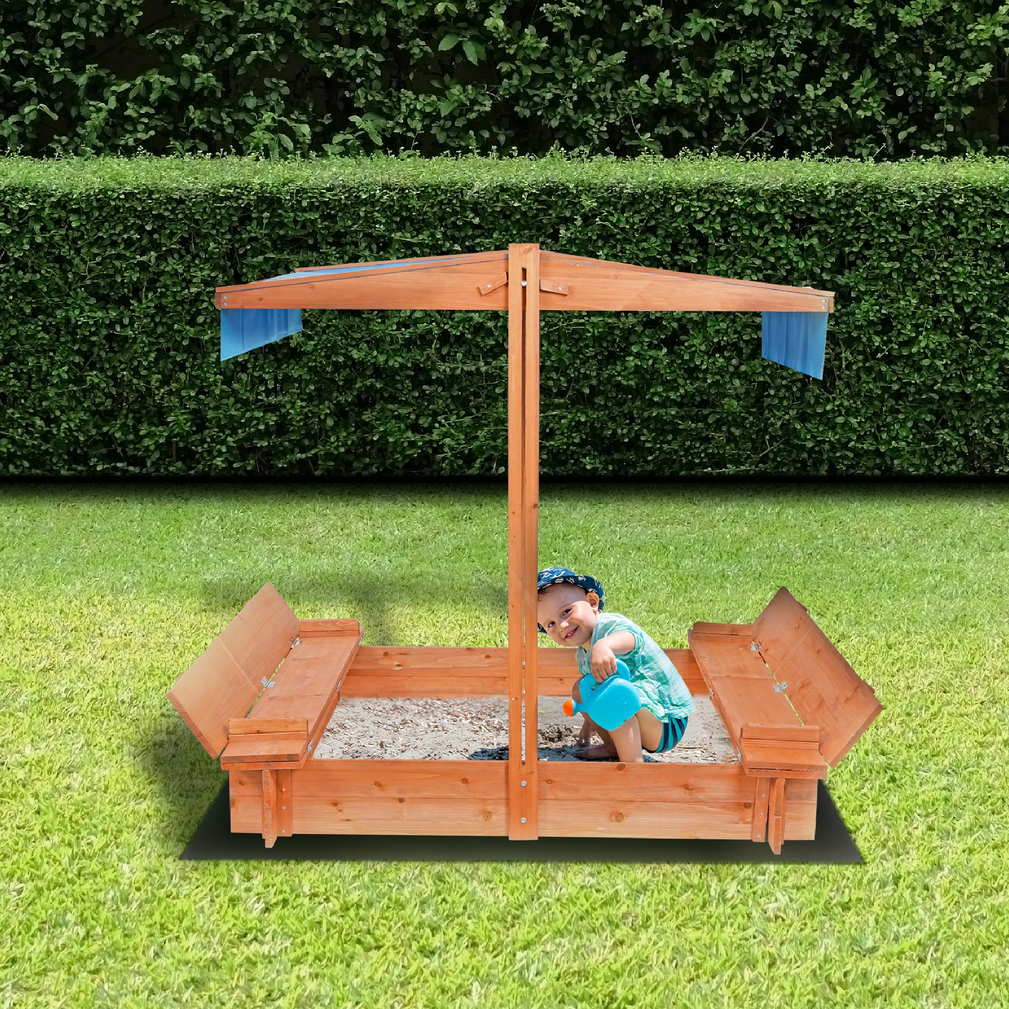 wuuhoo® Sandkasten Sandy aus imprägniertem Nadellholz (Fichte/Kiefer) 150x134cm (Gesamtmaß), Kindersandkasten höhenverstellbares Dach, Abdeckung, Naturholz, Sandkiste, 2 Sitzbänke, Innenmaß: 110x110cm