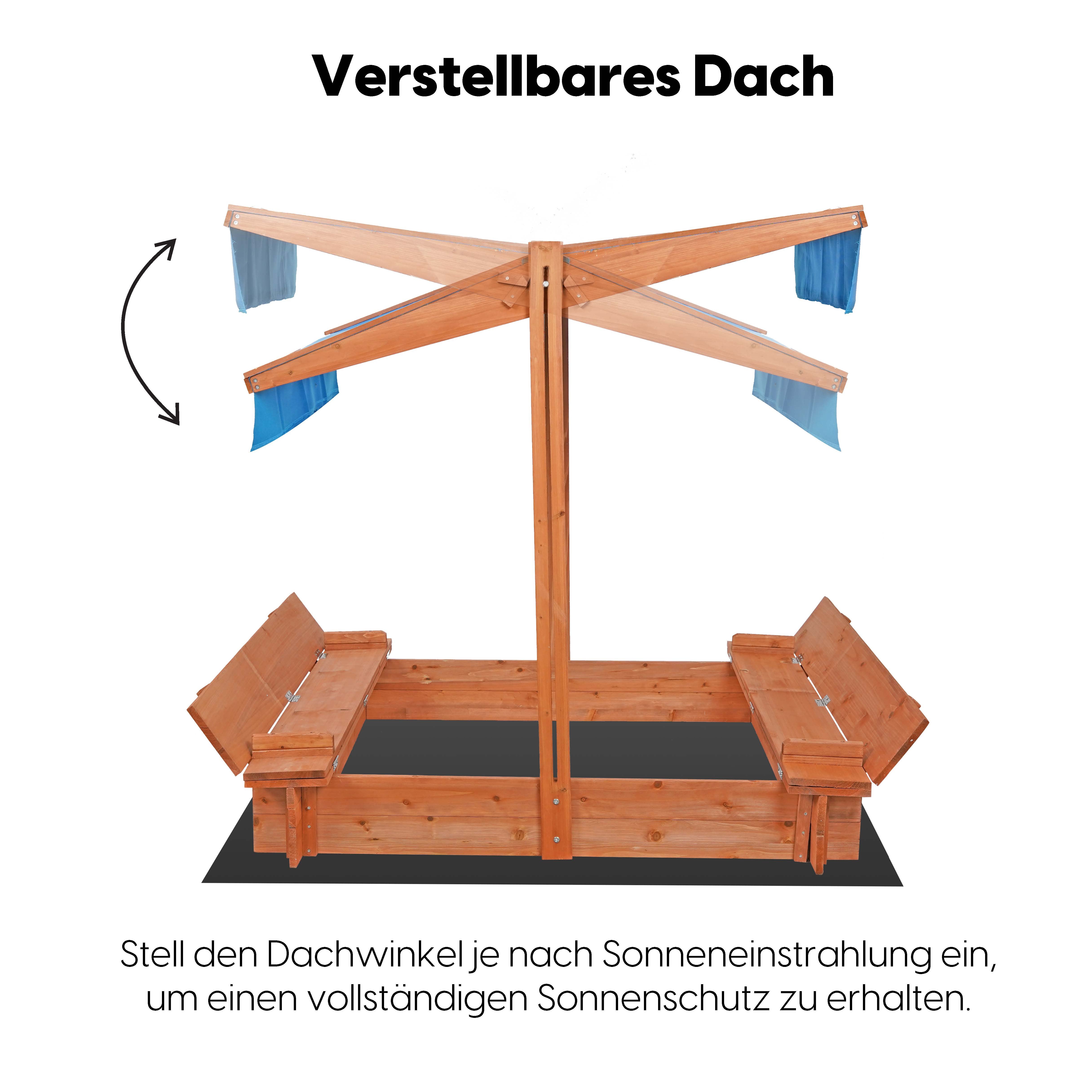 wuuhoo® Sandkasten Sandy aus imprägniertem Nadellholz (Fichte/Kiefer) 150x134cm (Gesamtmaß), Kindersandkasten höhenverstellbares Dach, Abdeckung, Naturholz, Sandkiste, 2 Sitzbänke, Innenmaß: 110x110cm