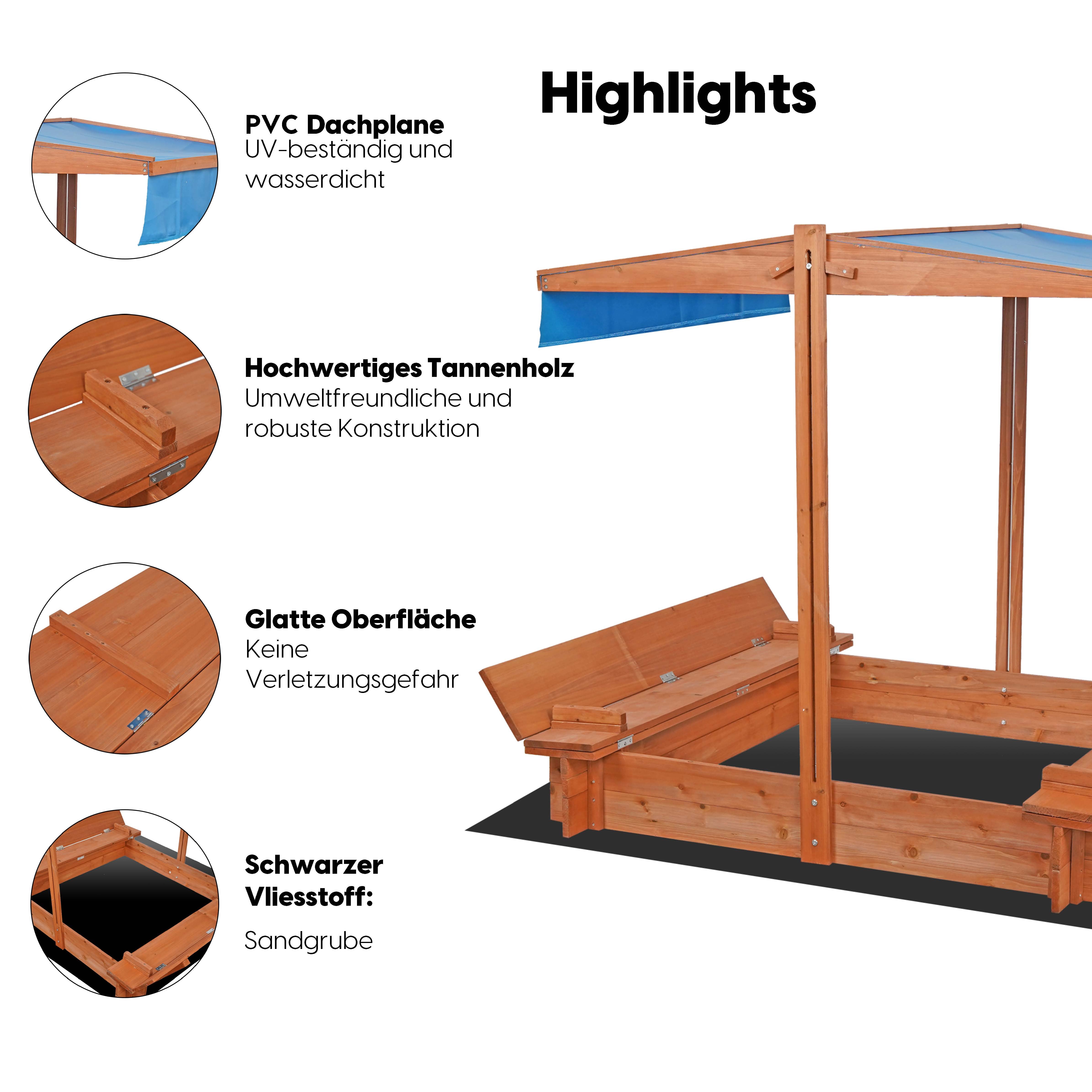 wuuhoo® Sandkasten Sandy aus imprägniertem Nadellholz (Fichte/Kiefer) 150x134cm (Gesamtmaß), Kindersandkasten höhenverstellbares Dach, Abdeckung, Naturholz, Sandkiste, 2 Sitzbänke, Innenmaß: 110x110cm