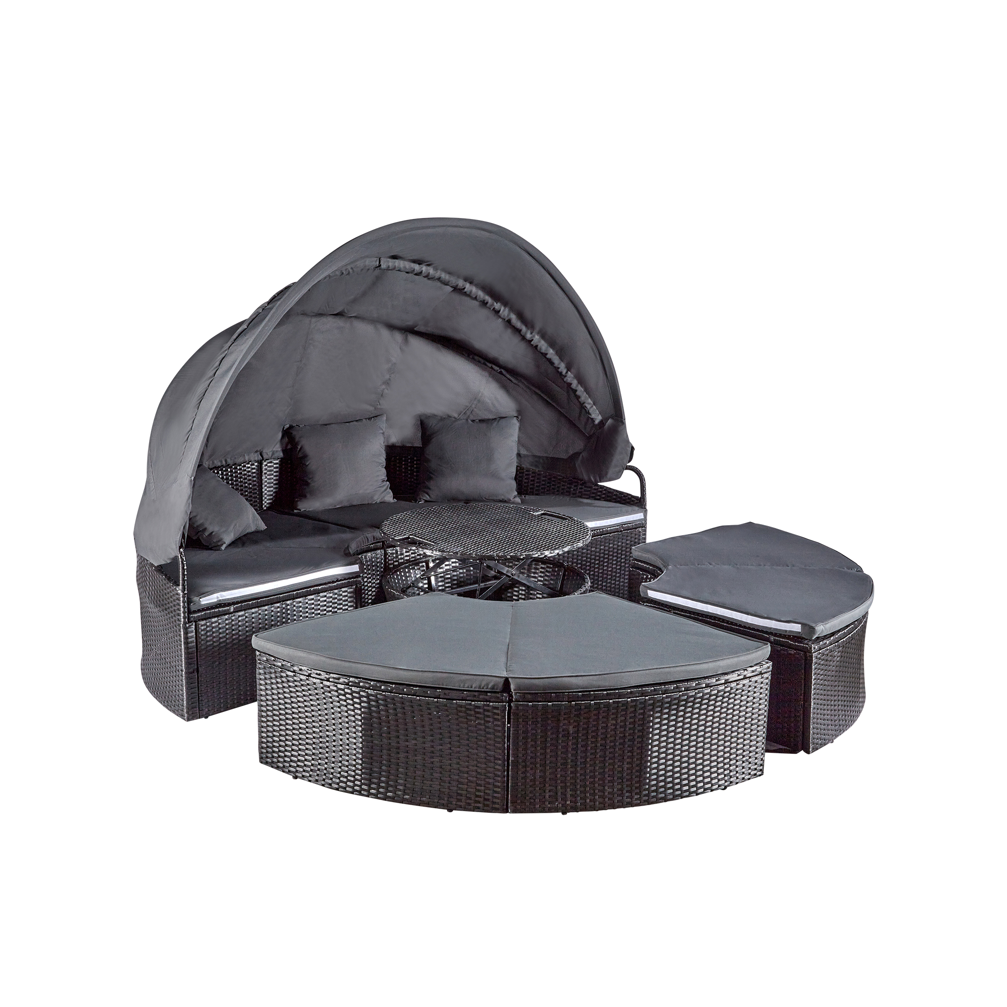 wuuhoo® I Elegante Polyrattan Sonneninsel Sansi in schwarz I Lounge Set mit verstellbarem Mitteltisch I Sonnenliege frei zu gruppieren incl. Auflage und Kissen I aufklappbares Sonnendach I Wetterfest