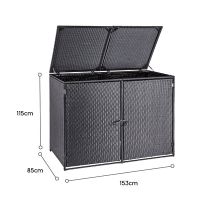 wuuhoo® I Polyrattan Mülltonnenbox Tonni für 2 Tonnen I Mülltonnengarage schwarz I Gerätebox aufklappbar I Mülltonnenverkleidung mit Klappdeckel I Wetterfest für Innen und Außen