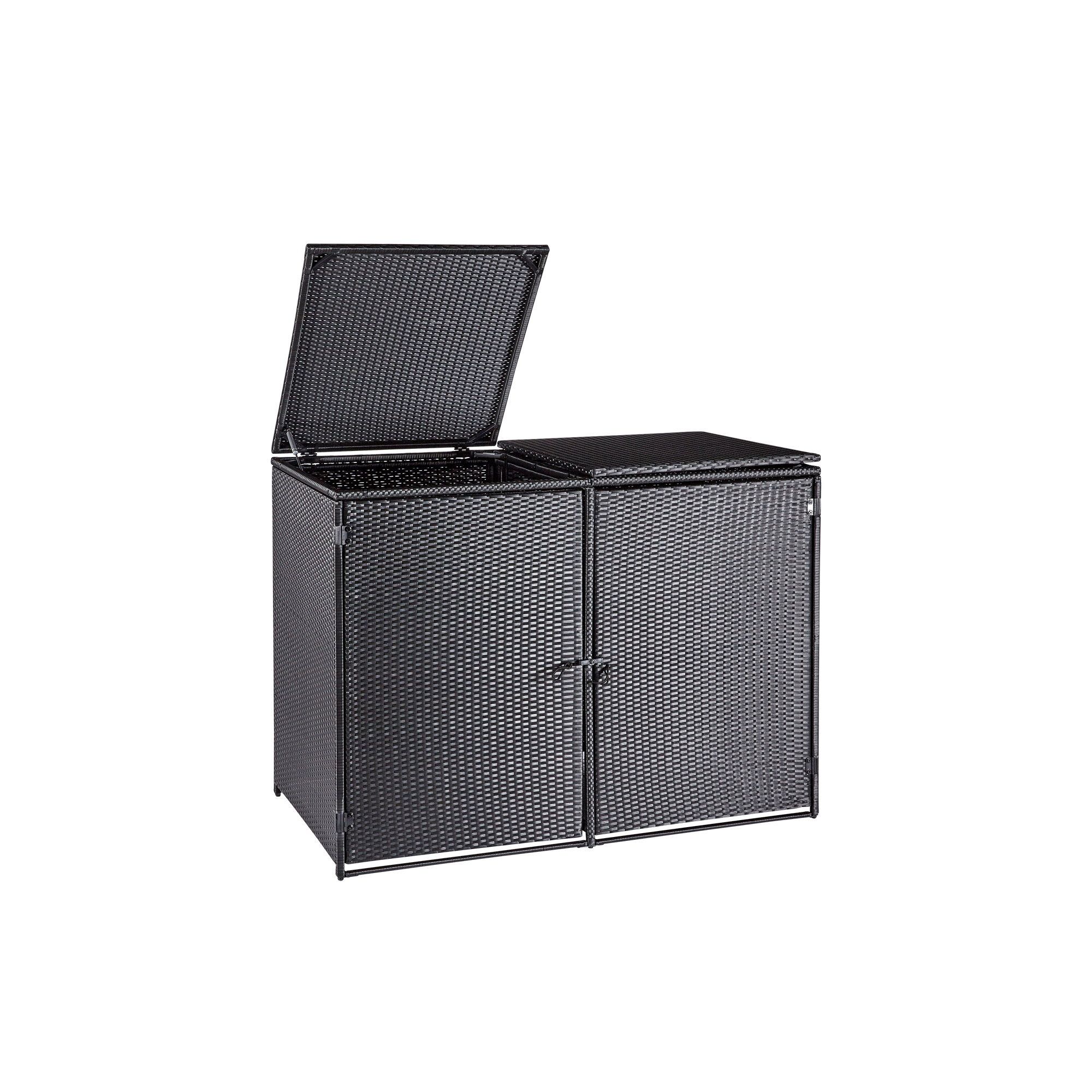 wuuhoo® I Polyrattan Mülltonnenbox Tonni für 2 Tonnen I Mülltonnengarage schwarz I Gerätebox aufklappbar I Mülltonnenverkleidung mit Klappdeckel I Wetterfest für Innen und Außen