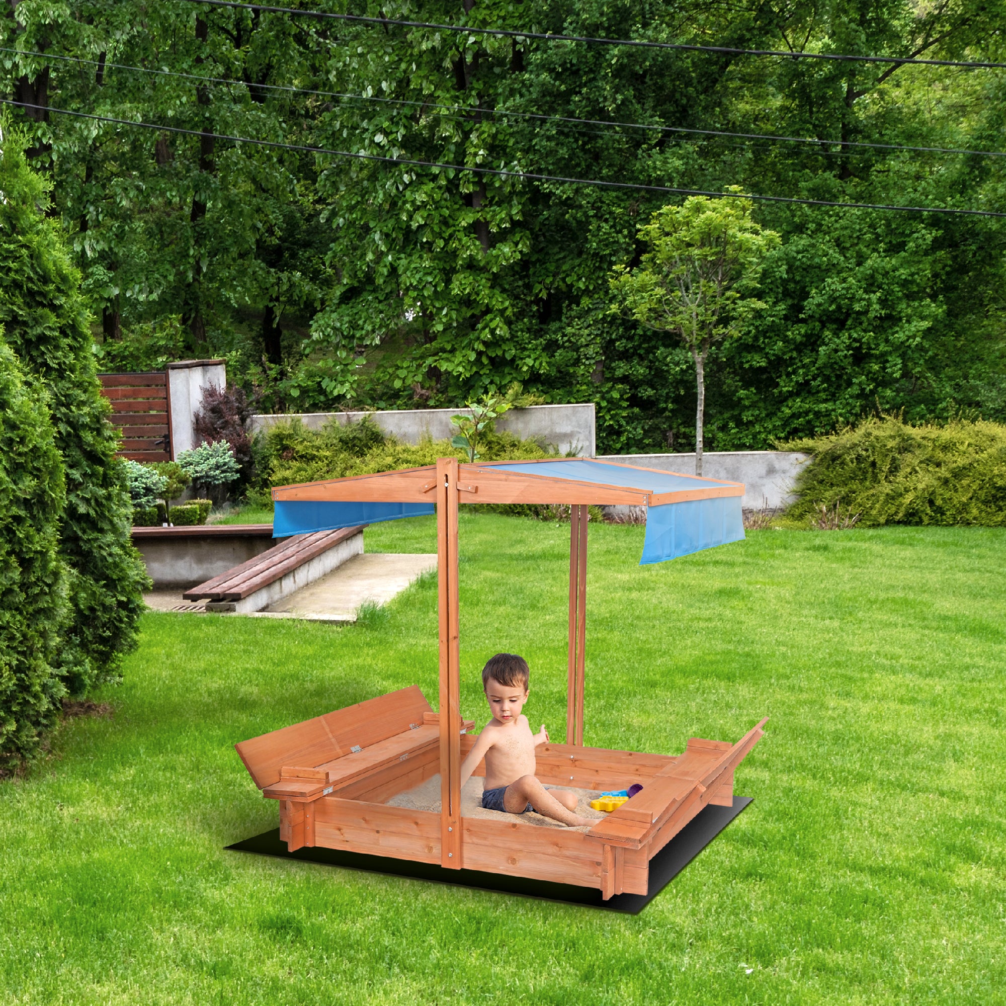wuuhoo® Sandkasten Sandy aus imprägniertem Nadellholz (Fichte/Kiefer) 150x134cm (Gesamtmaß), Kindersandkasten höhenverstellbares Dach, Abdeckung, Naturholz, Sandkiste, 2 Sitzbänke, Innenmaß: 110x110cm