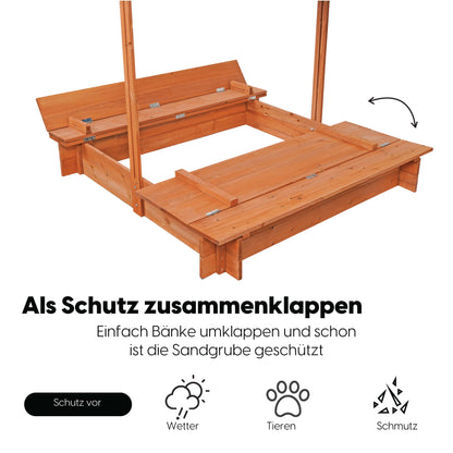 wuuhoo® Sandkasten Sandy aus imprägniertem Nadellholz (Fichte/Kiefer) 150x134cm (Gesamtmaß), Kindersandkasten höhenverstellbares Dach, Abdeckung, Naturholz, Sandkiste, 2 Sitzbänke, Innenmaß: 110x110cm
