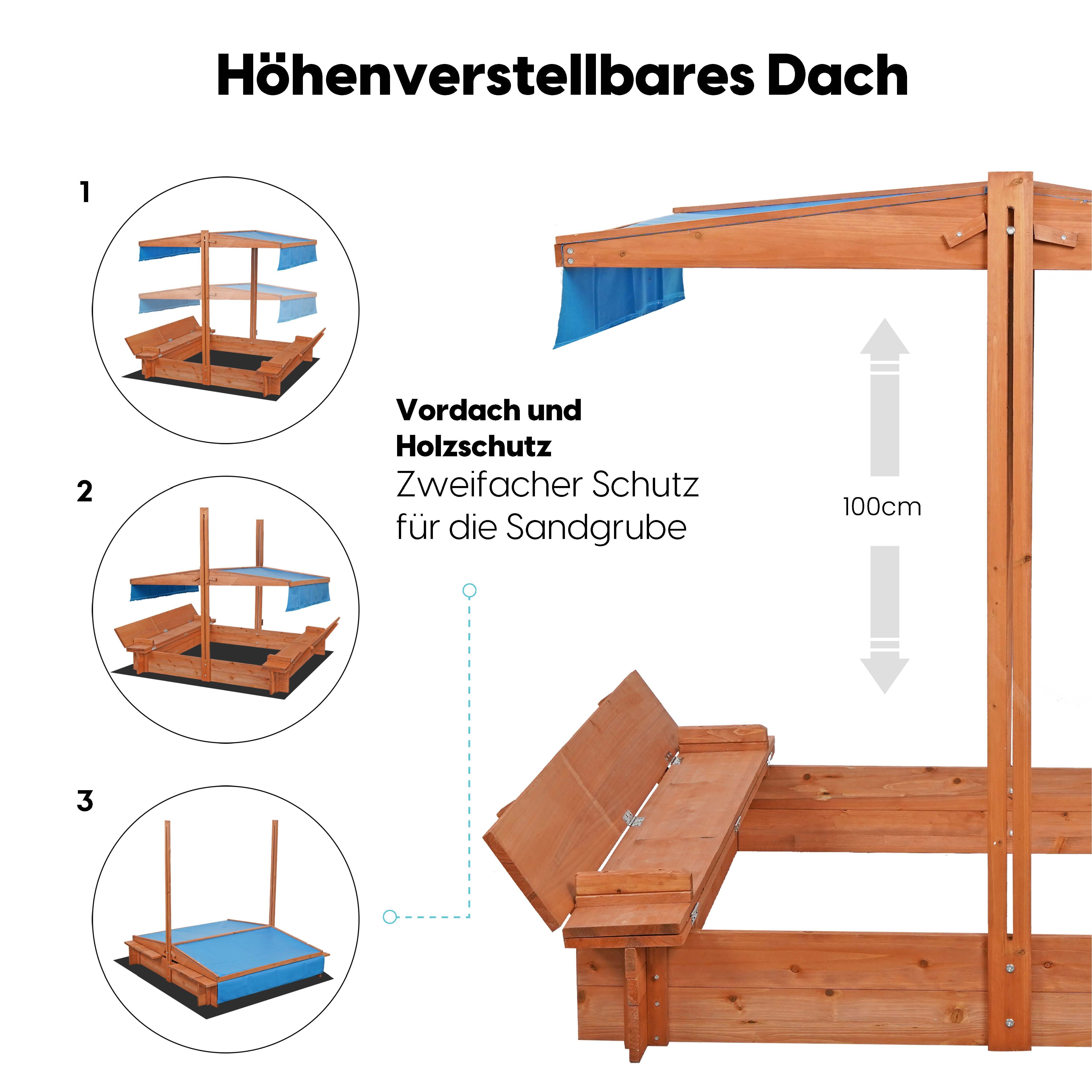 wuuhoo® Sandkasten Sandy aus imprägniertem Nadellholz (Fichte/Kiefer) 150x134cm (Gesamtmaß), Kindersandkasten höhenverstellbares Dach, Abdeckung, Naturholz, Sandkiste, 2 Sitzbänke, Innenmaß: 110x110cm