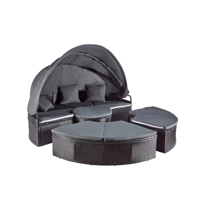 wuuhoo® I Elegante Polyrattan Sonneninsel Sansi in schwarz I Lounge Set mit verstellbarem Mitteltisch I Sonnenliege frei zu gruppieren incl. Auflage und Kissen I aufklappbares Sonnendach I Wetterfest