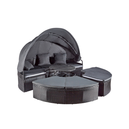 wuuhoo® I Elegante Polyrattan Sonneninsel Sansi in schwarz I Lounge Set mit verstellbarem Mitteltisch I Sonnenliege frei zu gruppieren incl. Auflage und Kissen I aufklappbares Sonnendach I Wetterfest
