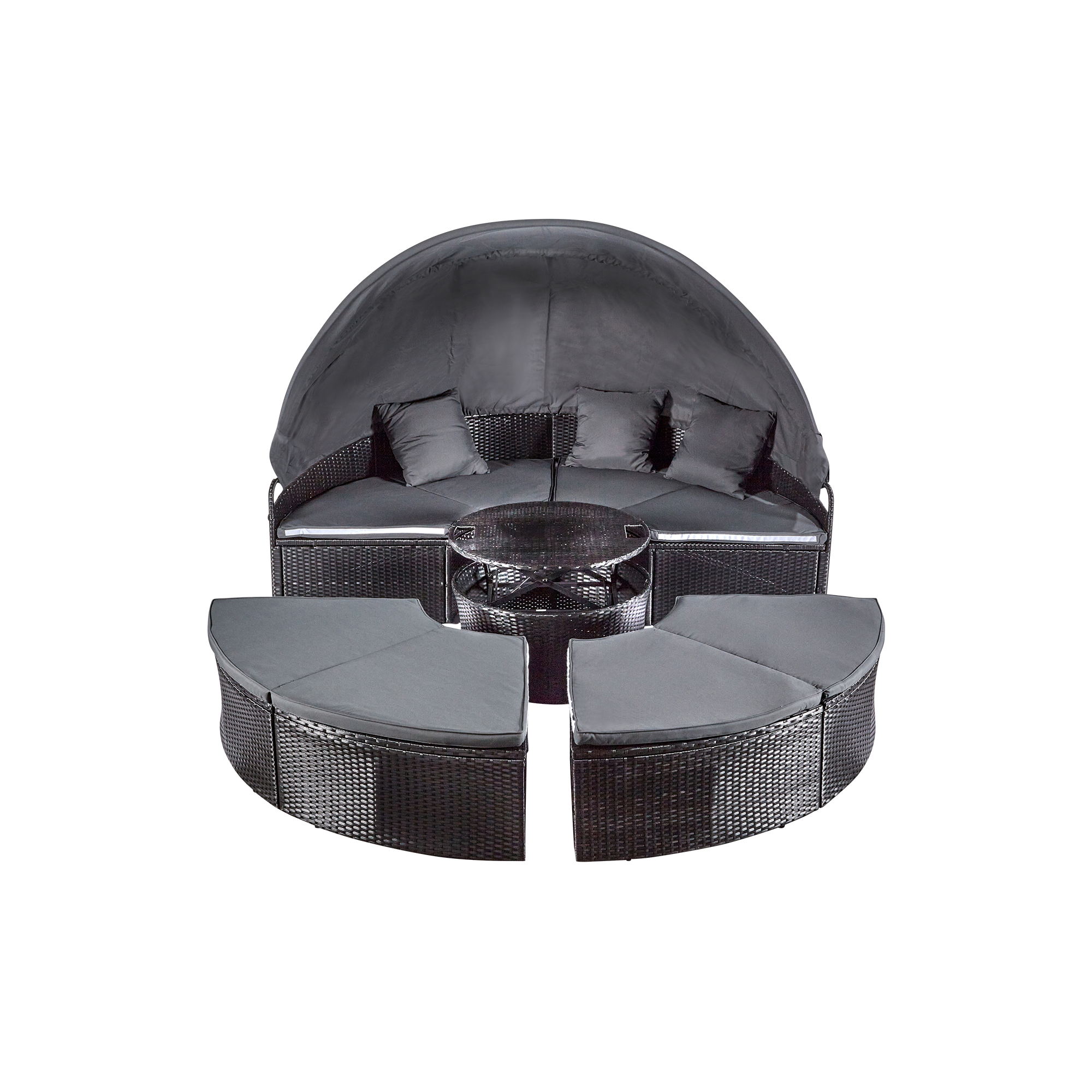 wuuhoo® I Elegante Polyrattan Sonneninsel Sansi in schwarz I Lounge Set mit verstellbarem Mitteltisch I Sonnenliege frei zu gruppieren incl. Auflage und Kissen I aufklappbares Sonnendach I Wetterfest